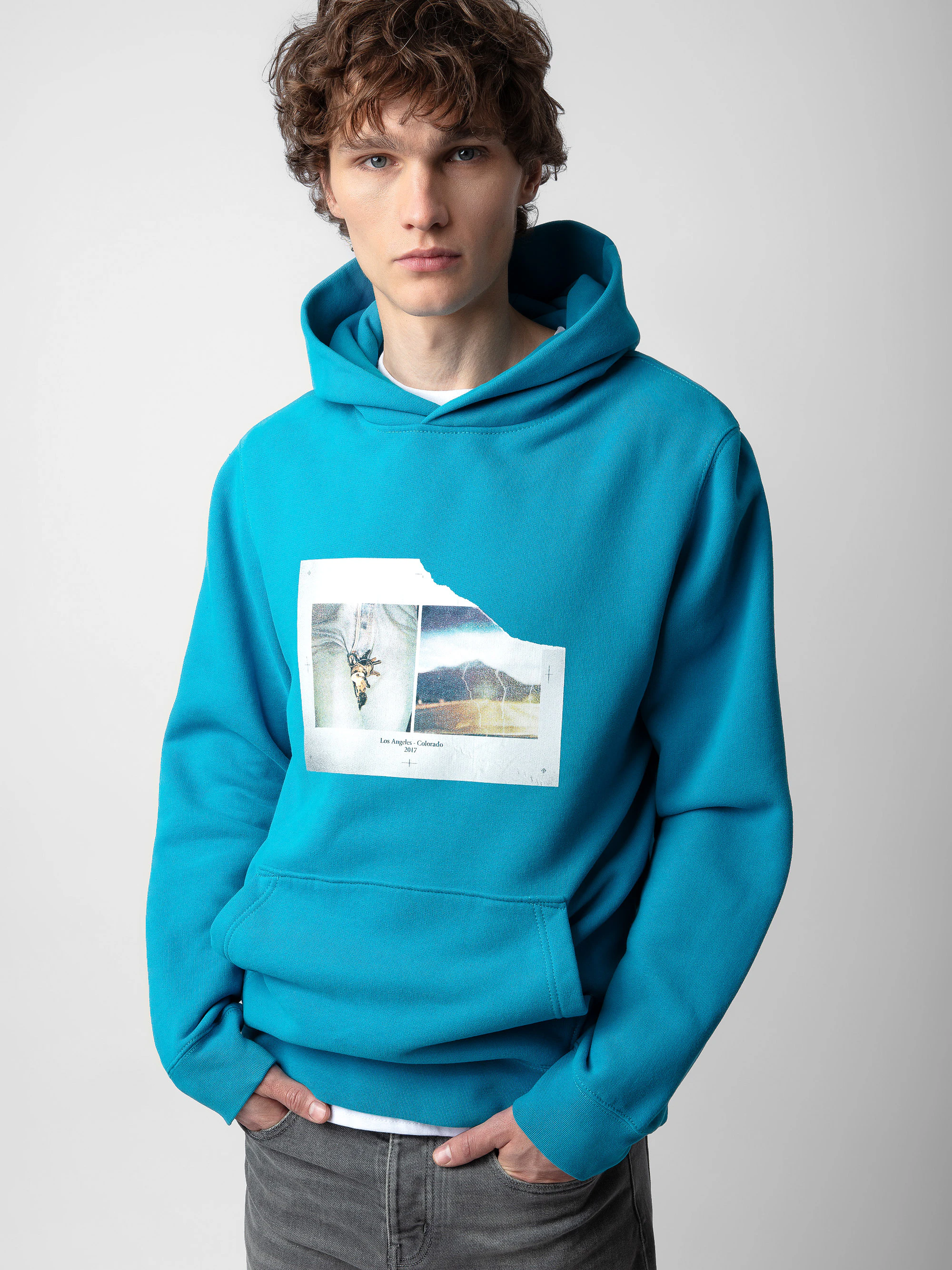 Sanchi Photoprint Sweatshirt- Duck Teal Blue Hooded Sweatshirt