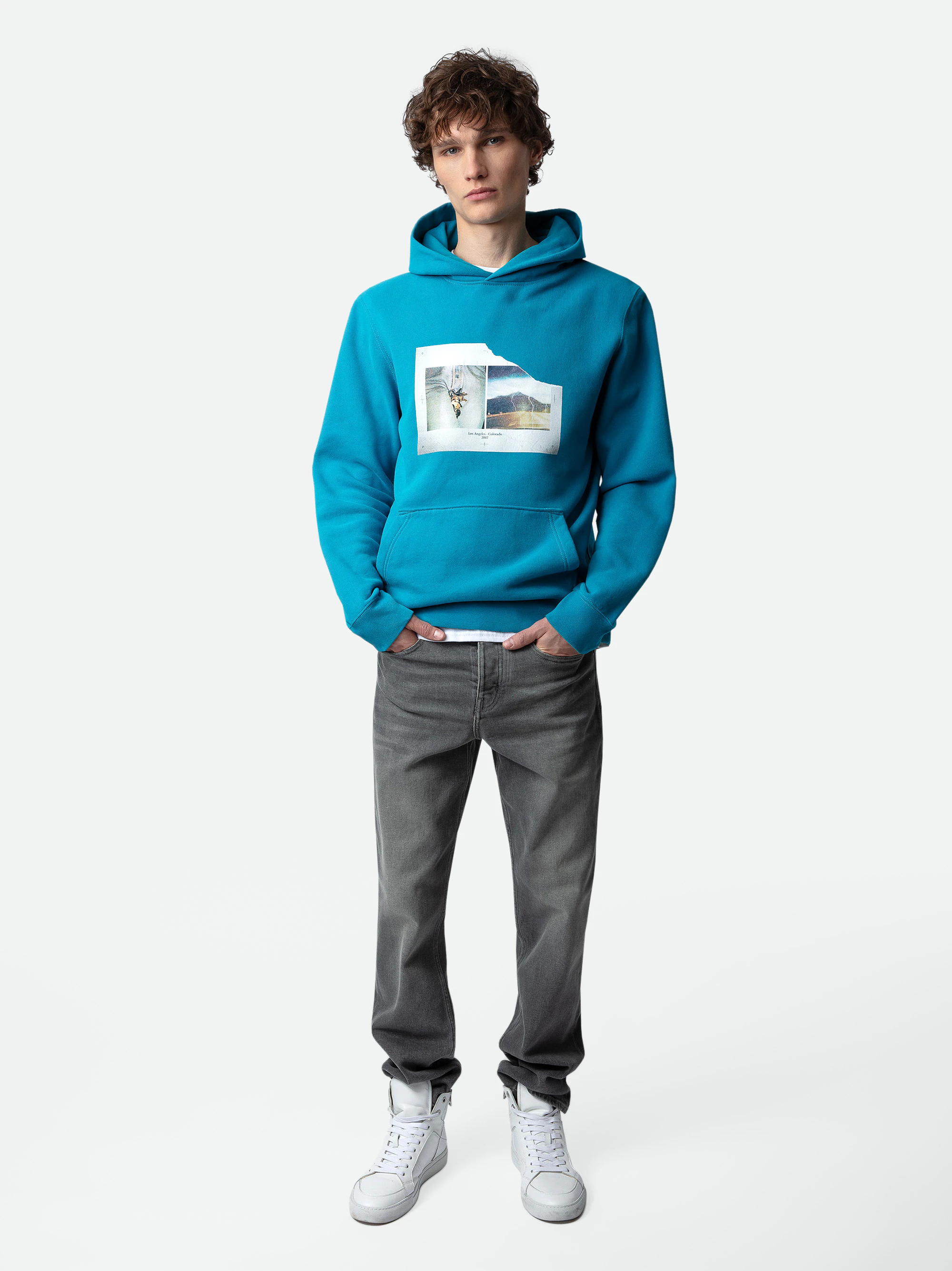Sanchi Photoprint Sweatshirt- Duck Teal Blue Hooded Sweatshirt
