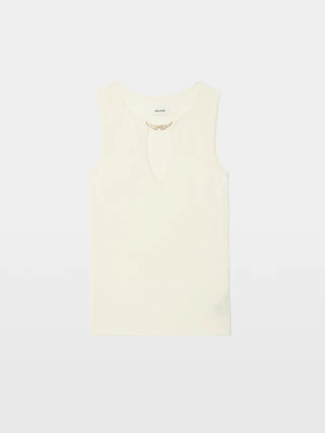 Sayani White Sleeveless Knit Top with Brooch