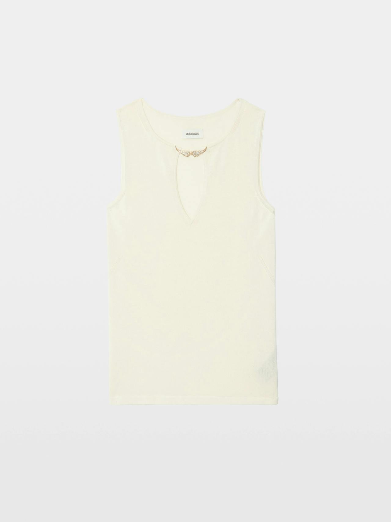 Sayani White Sleeveless Knit Top with Brooch