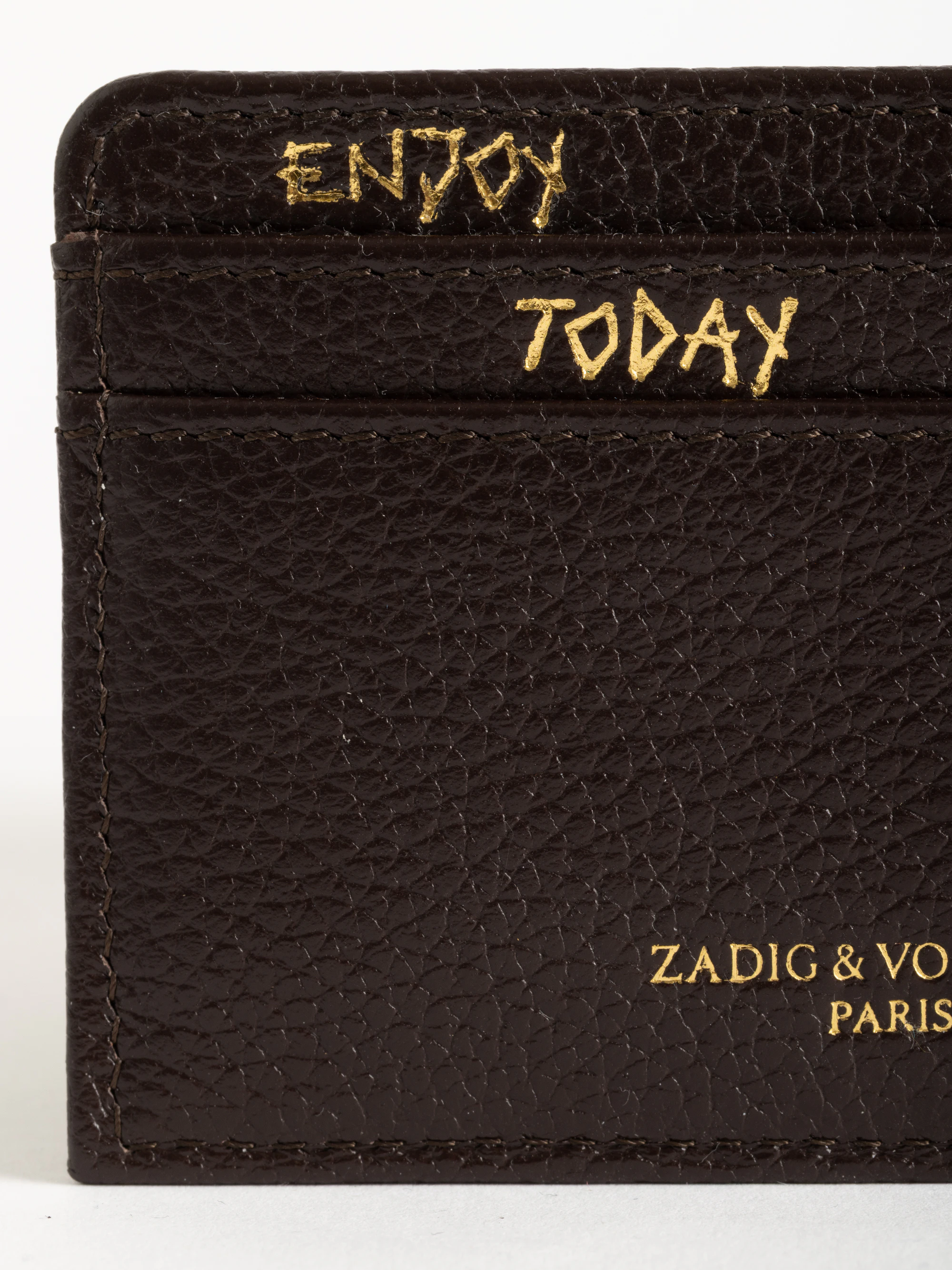 ZV Pass Brown Leather Card Holder for Women with Strass