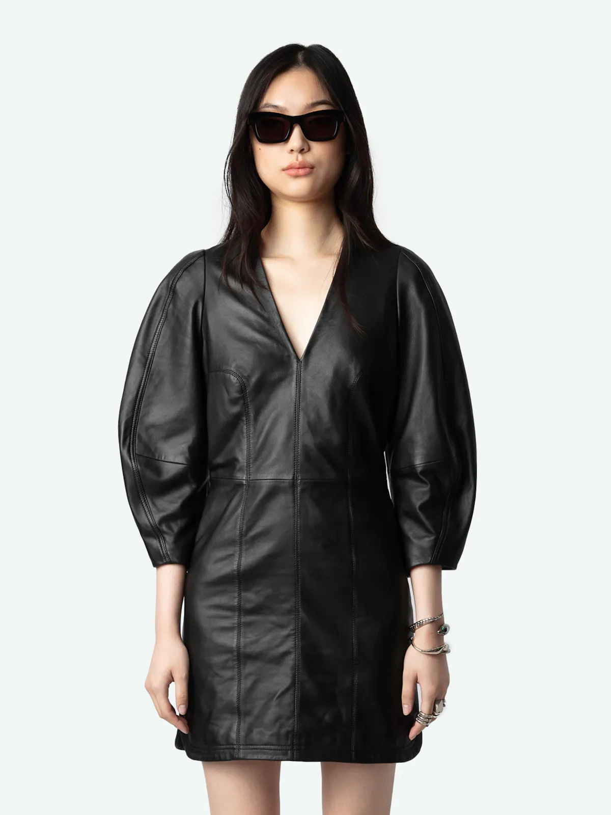 leather dress women long sleeve Black Long Sleeves Stitch Detailing Women Genuine Leather Dress Burgundy / L