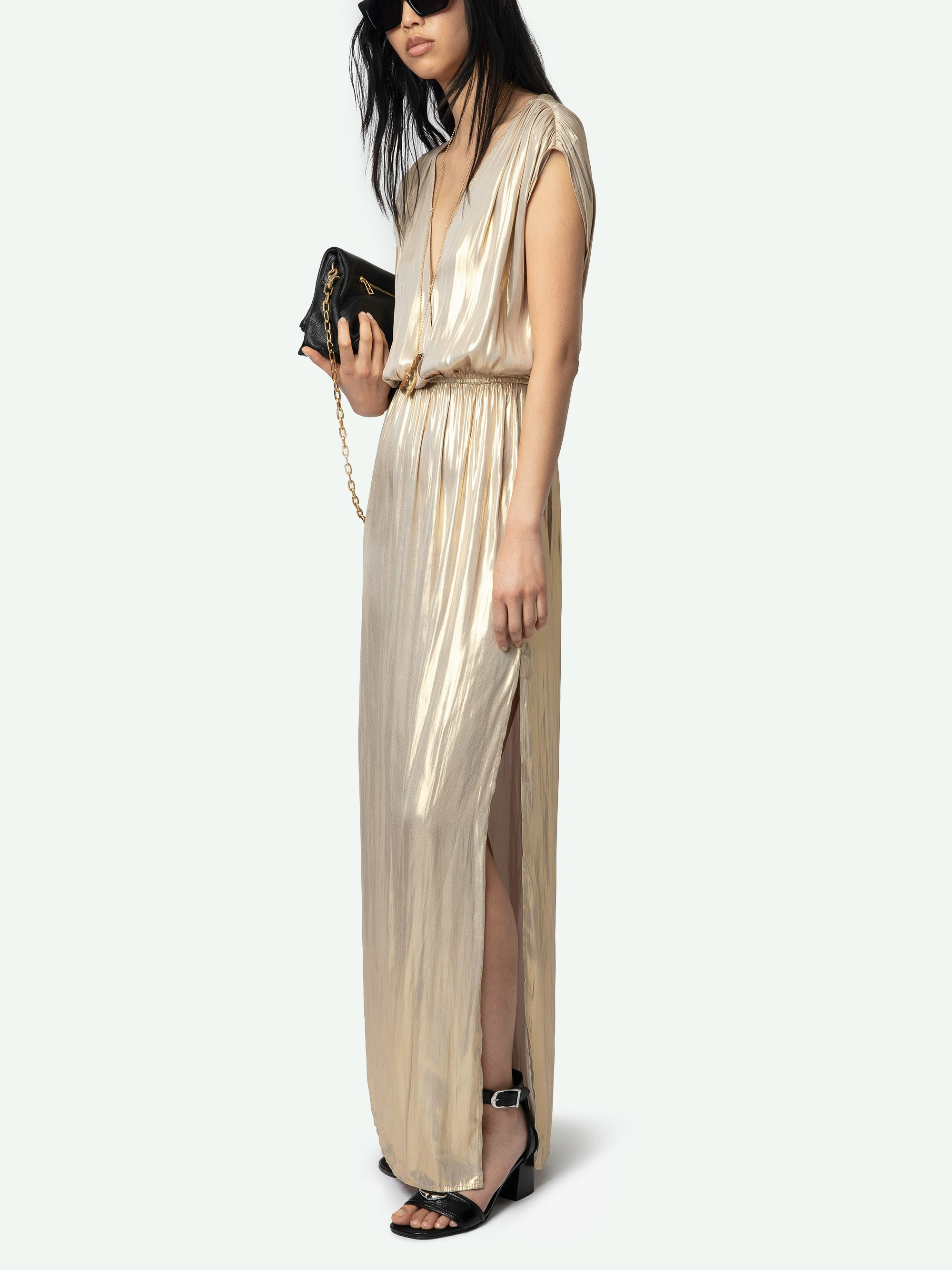 Ritmic Gold Draped Satin Dress 4