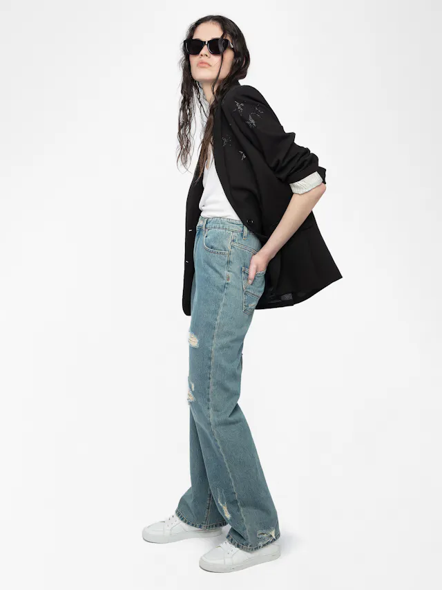 Elio Distressed Straight Leg Jeans