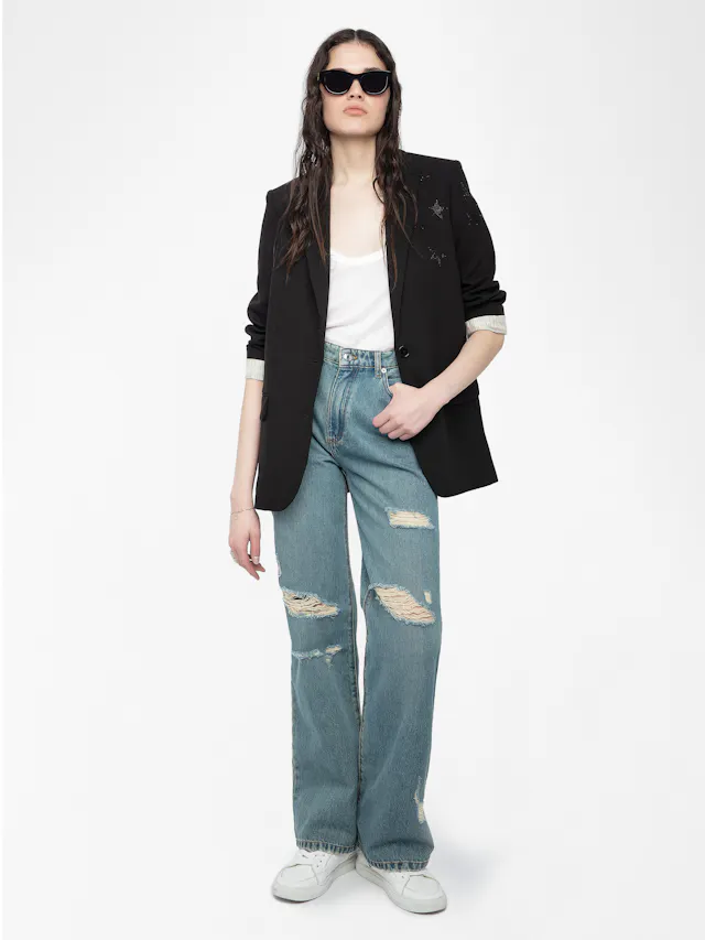 Elio Distressed Straight Leg Jeans