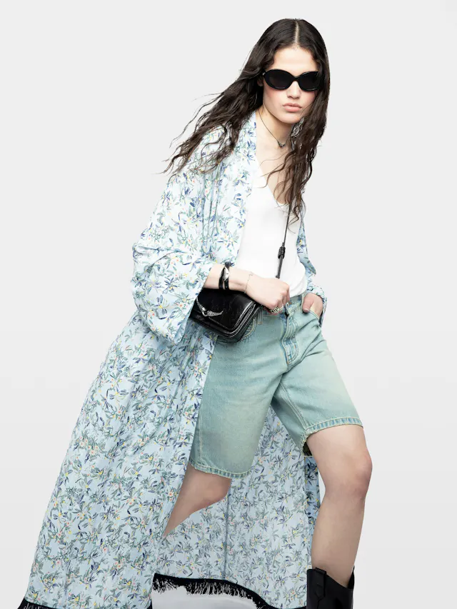 Long Viscose Floral Blue Kimono