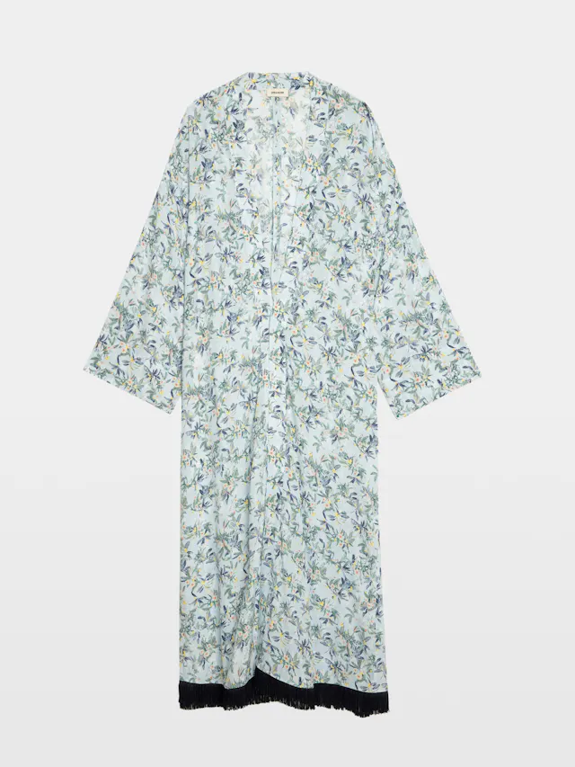 Long Viscose Floral Blue Kimono