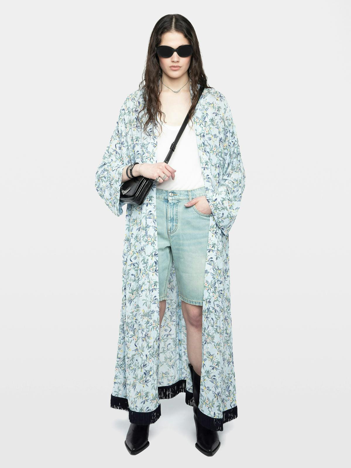 Long Viscose Floral Blue Kimono