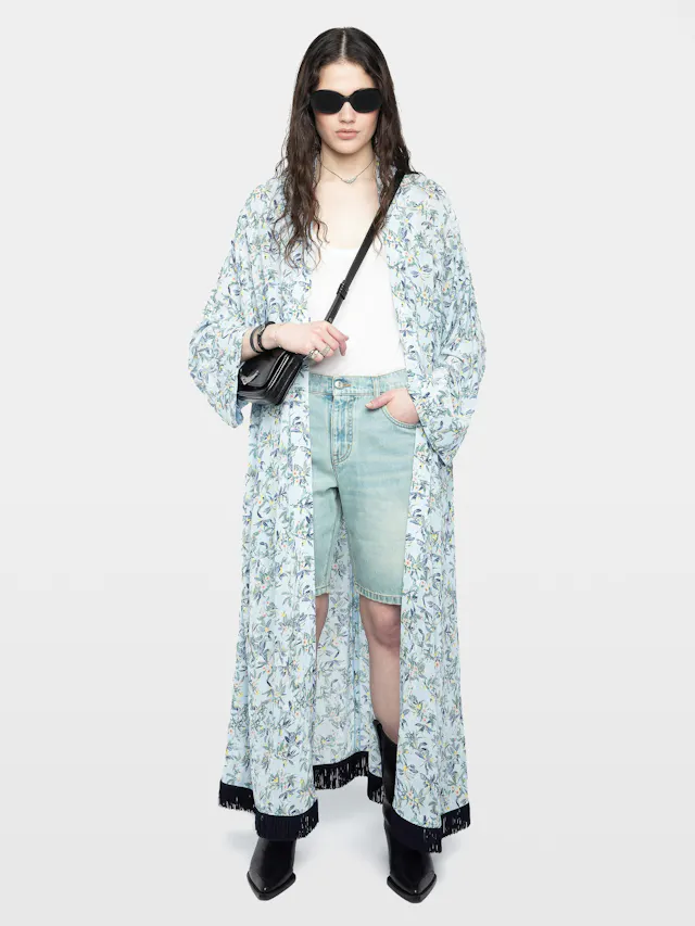 Long Viscose Floral Blue Kimono