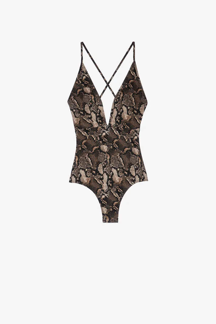 Low-neck snake print swimsuit