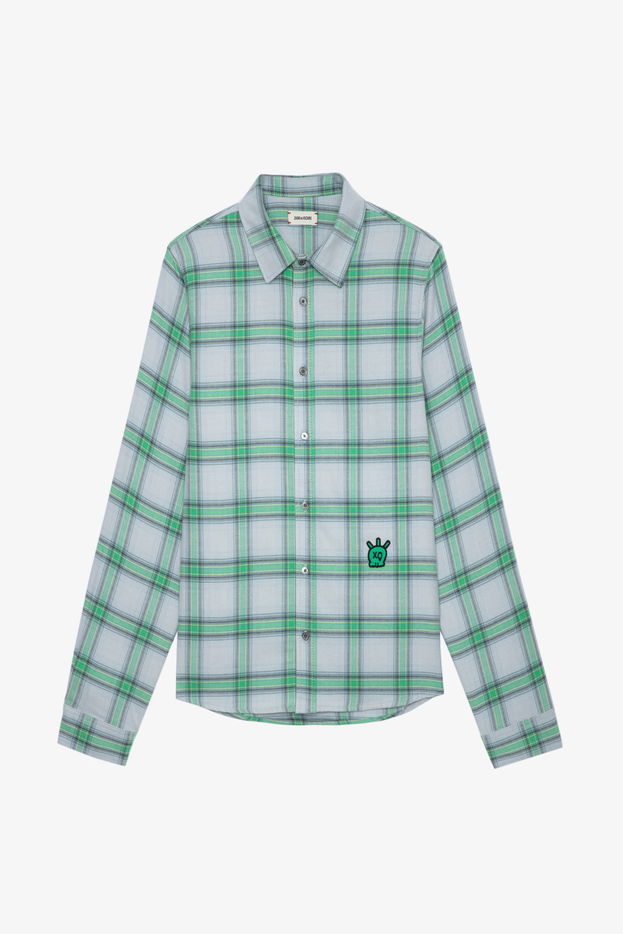Men's checked green cotton shirt featuring a Skull XO patch